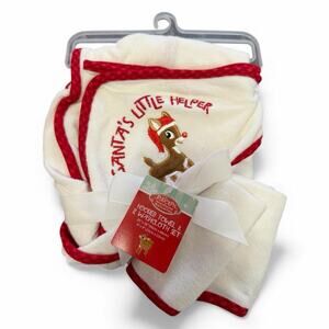 Hooded Towel & Washcloth Set Infant Baby White Red Santa's Little Helper NEW